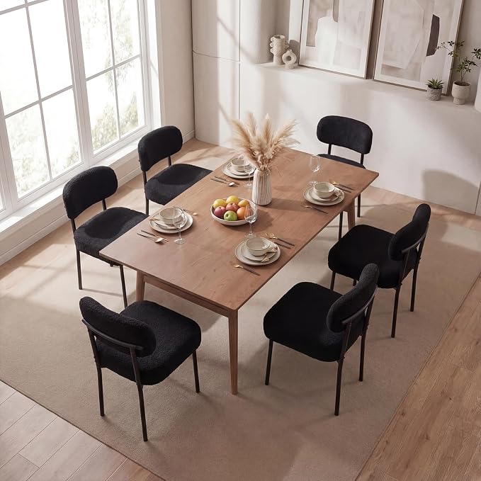 Black Boucle Dining Chairs Set of 4 | 4.3" Thick Cushion,Kitchen Dining Room, Curved Backrest, Comfortable Upholstered, Mid Century Modern