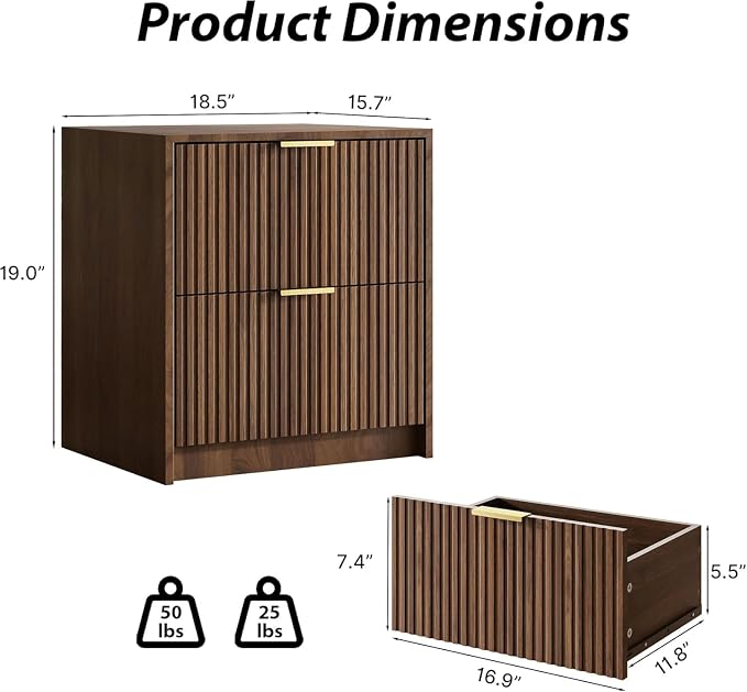 MAISONARIA 3-Piece Dresser Bedroom Set, 8 Drawer Dresser & 2 Drawer Nightstands with Gold Handles, Fluted Wood Chest of Drawers for Bedroom, Living Room, Entryway, Walnut