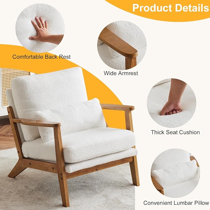 Karl home Mid-Century Lounge Accent Chair, White | Wide Curved Armrest, Teddy Fleece, Lumbar Pillow Included, Solid Wood Frame, For Living Room, Bedroom, Balcony, Apartment