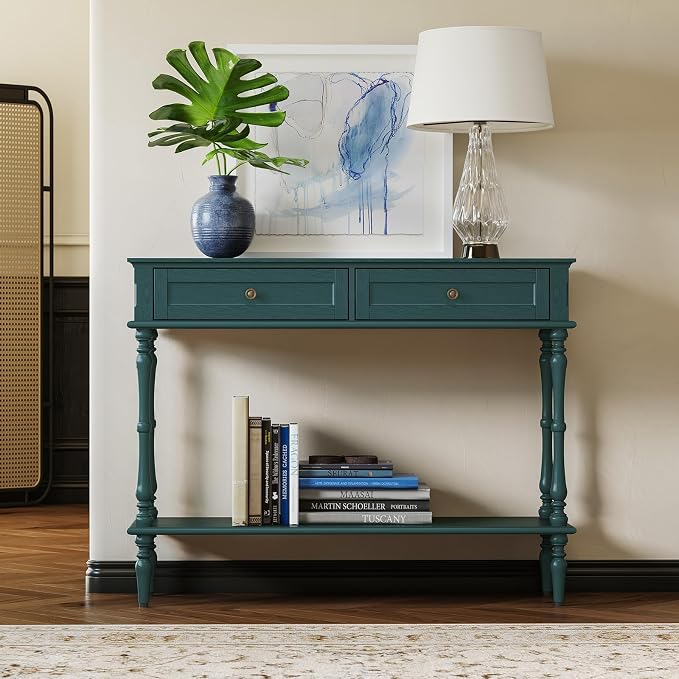 ARTPOWER Console Table for Entryway with 2 Drawers-Minimal Assembly,Green Retro Entryway Table with Storage Cabinets and Open Shelf,Narrow Long Couch Table Behind Sofa for Living Room,Foyer,Hallway