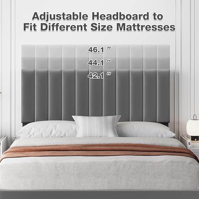 IDEALHOUSE Queen Size Bed Frame with Adjustable Headboard, Velvet Upholstered Platform Bed Frame with Wooden Slats Support, Queen Bed Frame with Under Space, Easy Assembly, Dark Grey