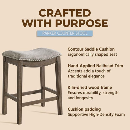 ROME + OAK Set of 4 Parker 26 Inch Counter Stool, Backless Saddle Kitchen Barstool in Walnut Finish with Grey Fabric Upholstery Cushion Seat