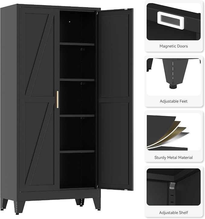 71”H Metal Kitchen Pantry Cabinet, Pantry Cabinets with 2 Doors and 4 Shelves, Kitchen Cabinet for Kitchen, Dining Room, Living Room and Bathroom, Black