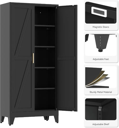 71”H Metal Kitchen Pantry Cabinet, Pantry Cabinets with 2 Doors and 4 Shelves, Kitchen Cabinet for Kitchen, Dining Room, Living Room and Bathroom, Black