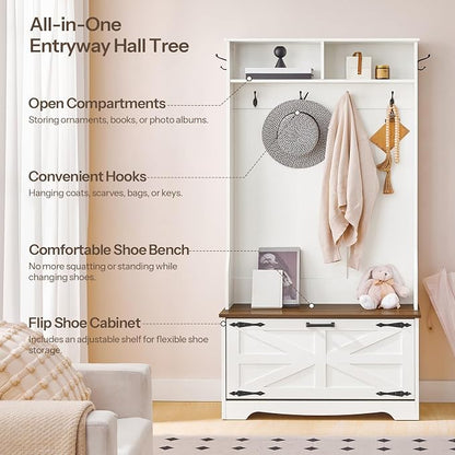 HOOBRO Hall Tree with Bench, Entryway Bench with Coat Rack and Shoe Cabinet, Flip Drawers, Farmhouse Hall Tree with Shoe Organizer, Mud Room, White and Walnut WH85MT01