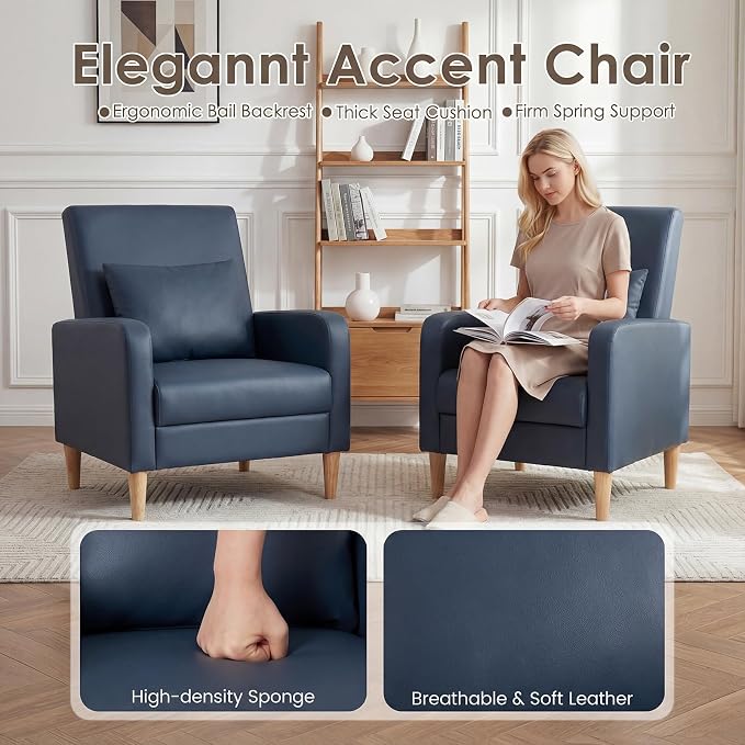 COLAMY Mid-Century Modern Upholstered Accent Chair with Back Pillow & Solid Wood Legs, Leather Cozy Armchair for Living Room, Bedroom, Reading Nook, Apartment & Small Spaces, Blue