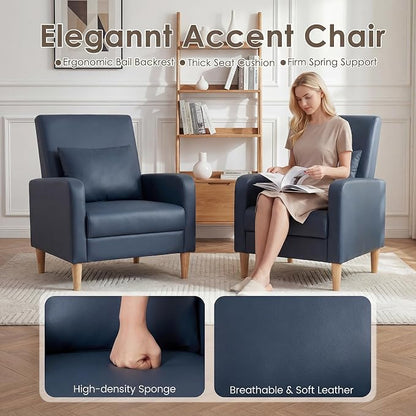 COLAMY Mid-Century Modern Upholstered Accent Chair with Back Pillow & Solid Wood Legs, Leather Cozy Armchair for Living Room, Bedroom, Reading Nook, Apartment & Small Spaces, Blue