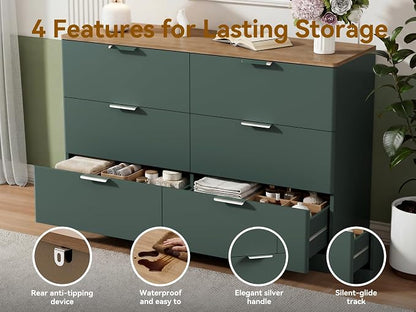 3 Pieces of Dresser and Nightstand Set,47.2" Width 6-Drawer Dresser & 3-Drawer Nightstands Set of 2 w/Metal Handle, Modern Design for Bedroom,Green & Brown