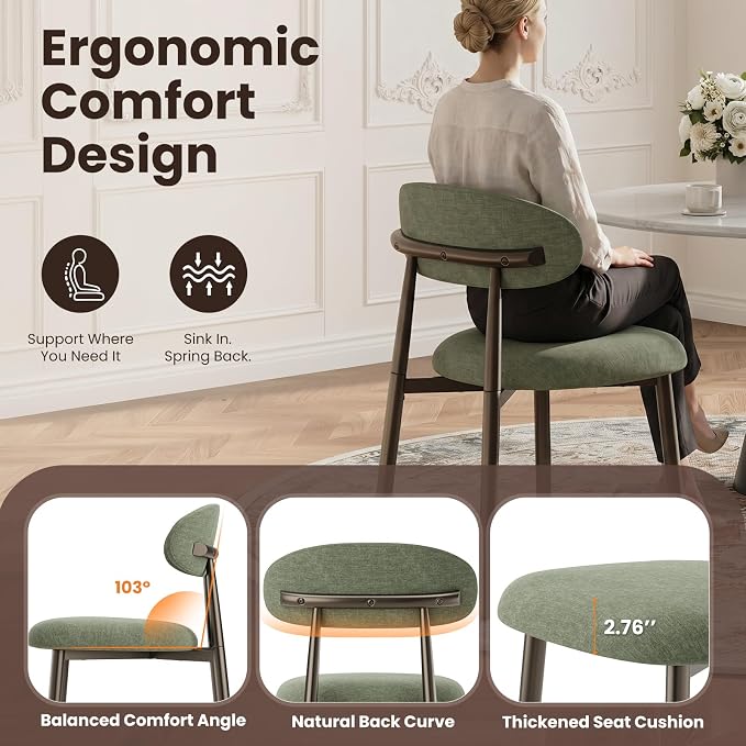 MALOL Dining Chairs Set of 2, Upholstered Kitchen & Dining Room Chairs with Curved Back and Bronze Metal Legs, Comfortable Modern Dining Side Chairs for Dining Room, Kitchen, Green