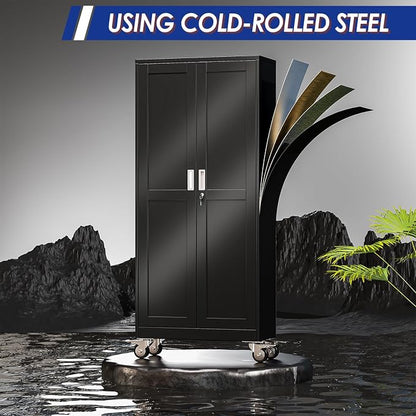 GAIOUS Metal Garage Storage Cabinet with Lock and Wheels, 45.7" Tall Metal Storage Cabinets with Locked Door and 3 Adjustable Shelves, Rolling Tool Cabinet, Utility File Cabinet for Home Office, Black