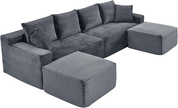 115" U-Shaped Cloud Sectional Couch, Modular Compressed Boneless Sectional Sofa W/Reversible Ottoman Chaise Lounge, Plush Corduroy Boneless Symmetrical Sofa for Living Room