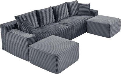 115" U-Shaped Cloud Sectional Couch, Modular Compressed Boneless Sectional Sofa W/Reversible Ottoman Chaise Lounge, Plush Corduroy Boneless Symmetrical Sofa for Living Room