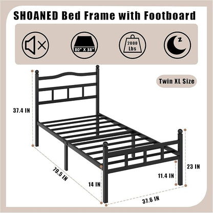 SHOANED Metal Bed Frame with Headboard & Footboard - 14 Inch Twin XL Size Heavy Duty Bedframe Black Basic Steel Slats Platform No Box Spring Needed/Easy Assembly/Noise Free