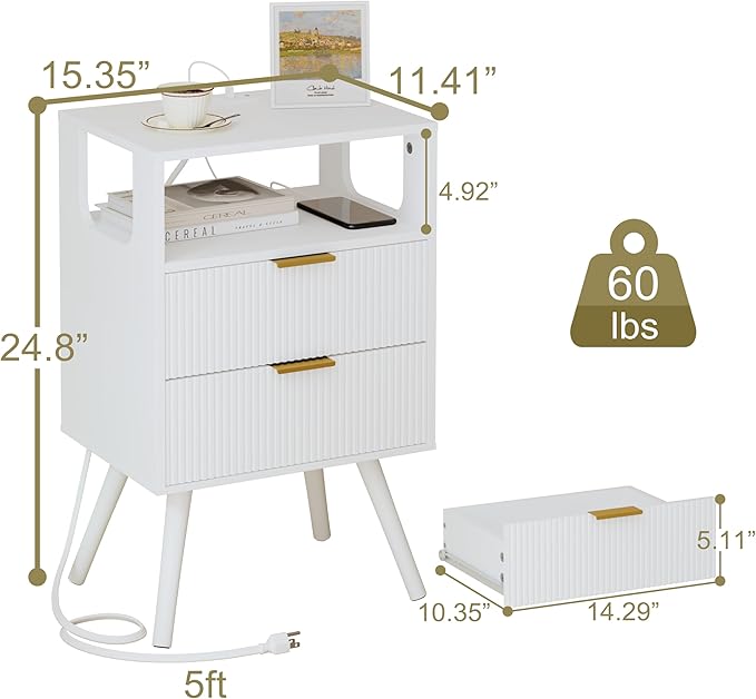 JOONEE White Nightstand with Charging Station and LED Lights,Modern Bedside Table with 2 Storage Drawer and Open Wood Shelf, for Bedroom and Small Spaces,Night Stand with Solid Wood Legs,White