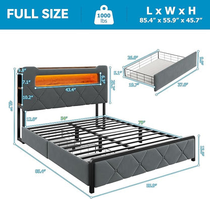 Jocoevol Full Upholstered LED Bed Frame with 2 Storage Drawers and 2-Tier Storage Headboard, Velvet Platform Bed with Charging Station & Bookcase, Corner Bed Frame, Heavy Duty Metal Support, Grey