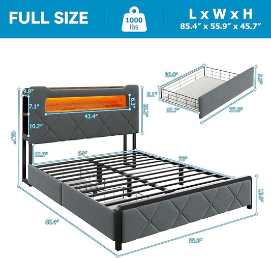 Jocoevol Full Upholstered LED Bed Frame with 2 Storage Drawers and 2-Tier Storage Headboard, Velvet Platform Bed with Charging Station & Bookcase, Corner Bed Frame, Heavy Duty Metal Support, Grey