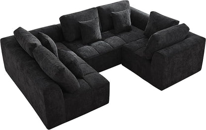 110''Modular Sectional Couches for Living Room, Cloud Boneless Compressed Sectional Sofa, Oversized U Shaped 5 Seater Upholstered Memory Foam Sofa, No Assembly, Chenille Black