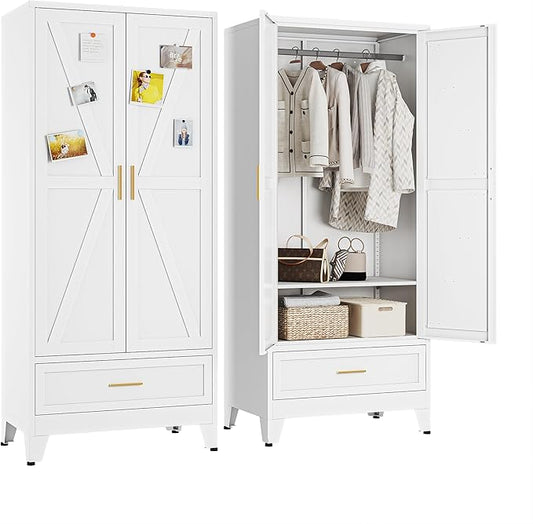 Metal Wardrobe Closet Cabinet with Drawers,71" H Large Bedroom Armoires with Shelves and Hanging Rod,Wardrobe Storage Cabinet with 2 Doors, 1 Adjustable Shelf and Drawers (1Drawer, White)
