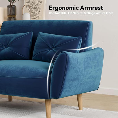 Brelice Loveseat Sofa, 47" Velvet Couch for Bedroom, Convertible Wooden Tray & Ergonomic Armrest, for Small Space, Apartment, Living Room, Home Office, Easy Assembly, Blue