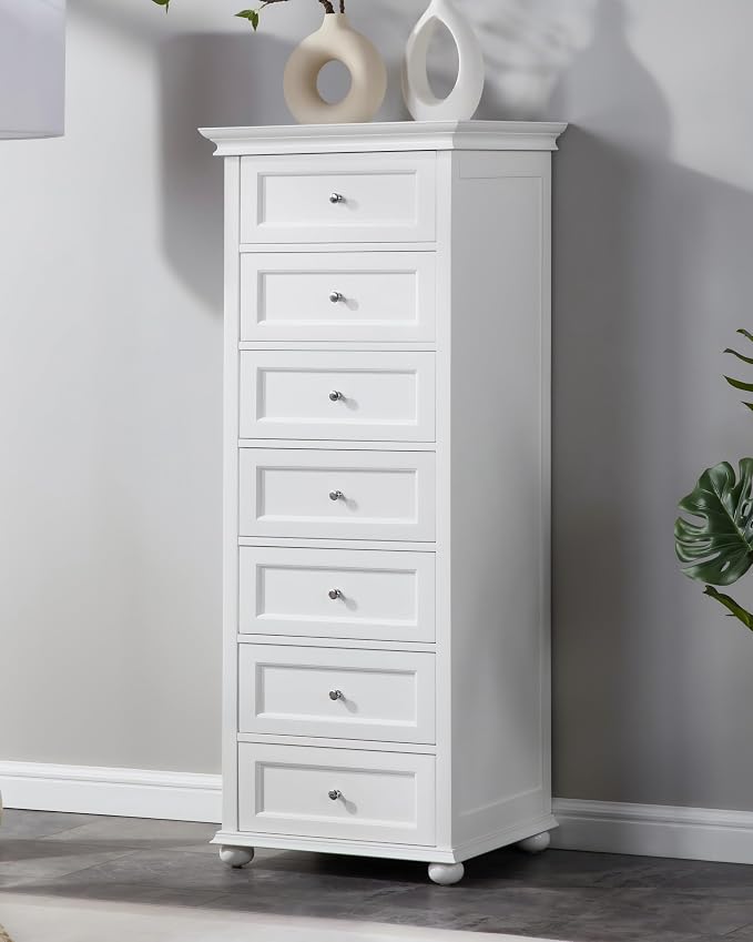 Tall Skinny Dresser for Bedroom with 7 Drawers, White Narrow Wood Dresser | Tall Vertical Chest of Drawers Dresser for Closet Storage, Silent Glide System, Zinc Alloy Knobs, 20" W x 16.5" D x 52" H