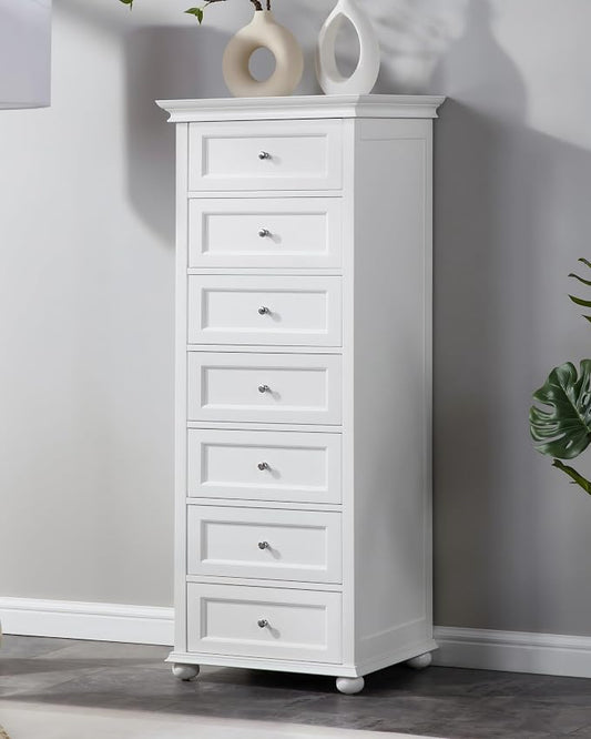 Tall Skinny Dresser for Bedroom with 7 Drawers, White Narrow Wood Dresser | Tall Vertical Chest of Drawers Dresser for Closet Storage, Silent Glide System, Zinc Alloy Knobs, 20" W x 16.5" D x 52" H