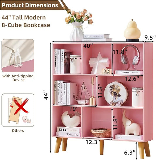 LEYAOYAO 8 Cube Bookshelf,3 Tier Bookcase with Legs,Light Pink Mid-Century Modern Bookshelves,Large Open Storage Organizer Shelf, Wooden Book Case
