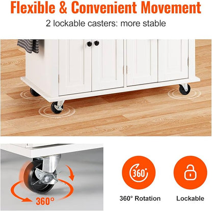 VEVOR Kitchen Island Cart with Solid Wood Top, 35.4" Width Mobile Carts with Storage Cabinet, Rolling Kitchen Table with Spice Rack, Towel Rack, and Drawer, Portable Islands on Wheels, White | Rolling Kitchen Table with Storage Cabinet, Spice Rack, Tow...