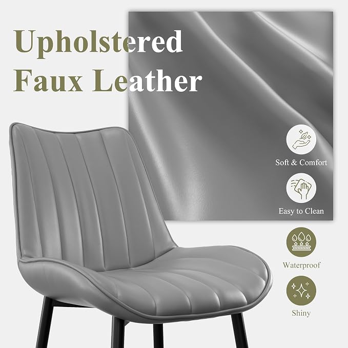 VECELO Dining Chairs Set of 2, Vegan Leather Fabric & Metal Frame, Mordern Style for Kitchen, Living Room,Offcie, Light Grey