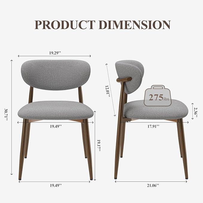 MALOL Dining Chairs Set of 2, Curved Back Kitchen Room Chairs with Metal Legs and Anti Slip Pads, Upholstered Dining Chair for Home and Restaurant, Light Grey