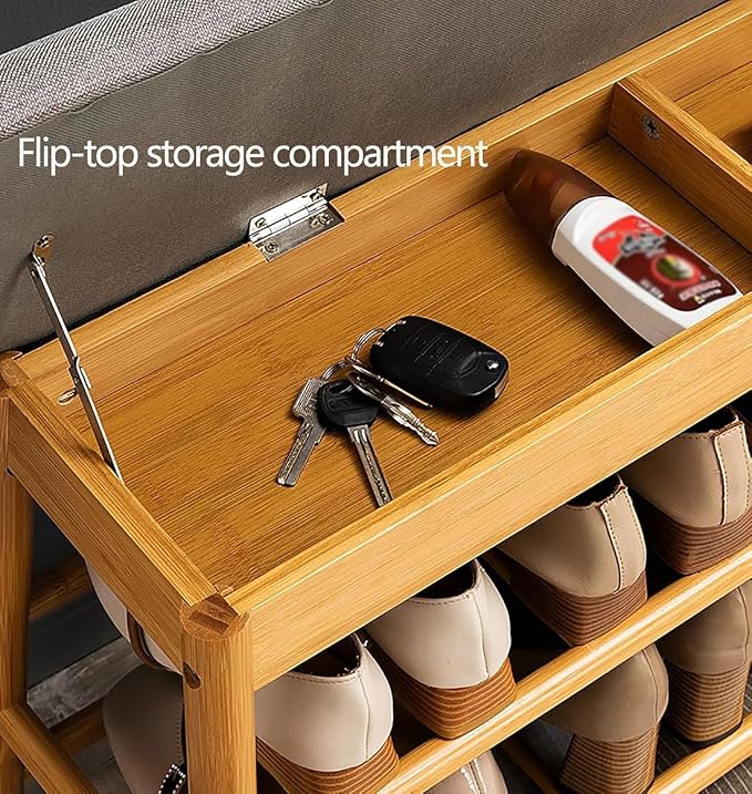 Shoe Rack Storage Bench, Bamboo Shoe Shelf with Cushioned Seat and Organizer Compartment, Upholstered Bench for Closet, Entryway, Hallway, Bedroom,70cm