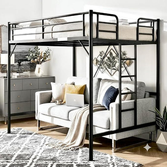 VINGLI Loft Bed Full Size with Flat Rungs for Adults, Kids and Young Teens, No Box Spring Needed,Heavy Duty Metal Slat Support,Black