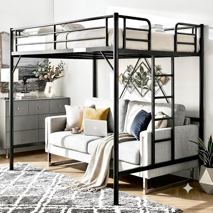 VINGLI 71 Inches Tall Loft Bed Twin Size with Flat Ladder Rung for Kids Teens Adults Heavy Duty Metal Single Bunk Bed Loft with Safety Guard Rails for Small Space, Black