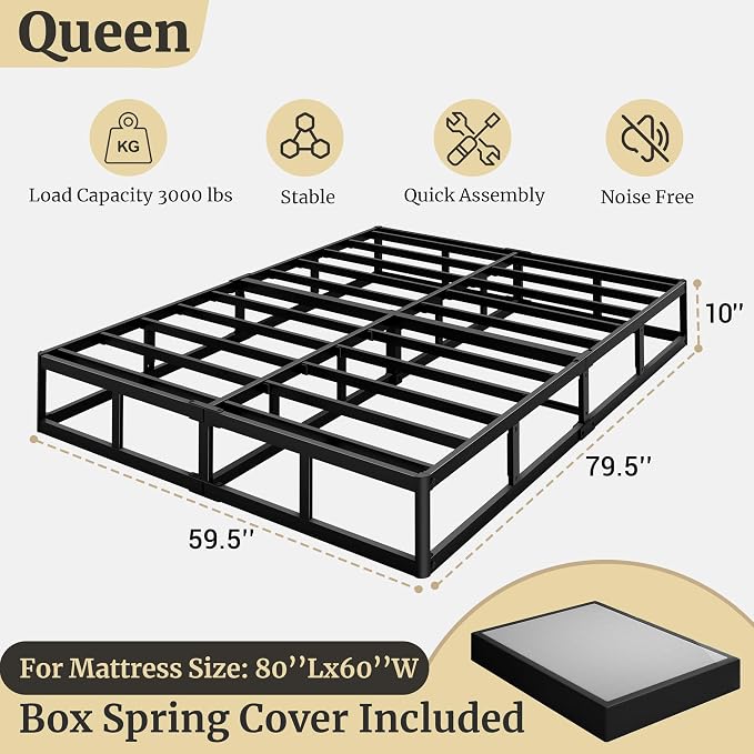 Awesofurni Queen Box Spring, 10 Inch High Profile Box Spring for Queen Bed, 3000 lbs Heavy Duty Metal Frame Mattress Foundation with Fabric Cover, Easy Assembly-Noise Free