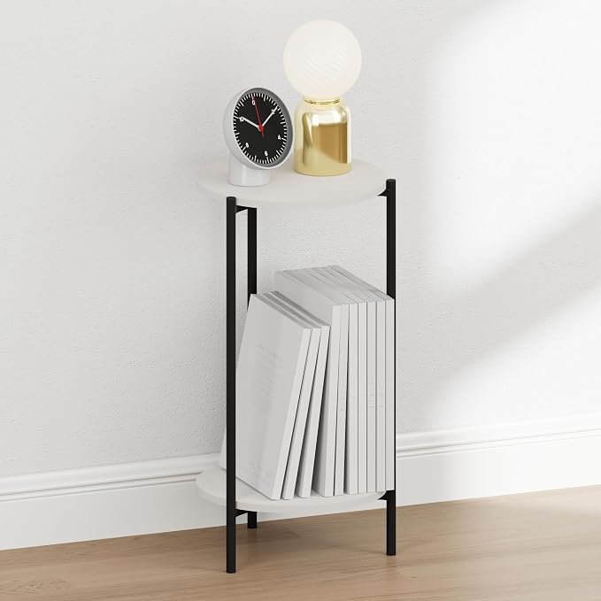 Furinno BESI Night Stand, 2-Tier Tall Round Nightstand with Metal Legs, Metal Frame Narrow End Table with Open Shelf, Side Table, Bedside Table, for Bedroom, Closet, Dorm, White