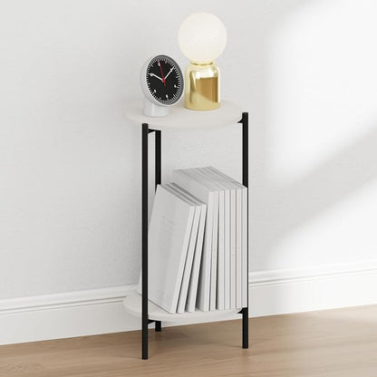 Furinno BESI Night Stand, 2-Tier Tall Round Nightstand with Metal Legs, Metal Frame Narrow End Table with Open Shelf, Side Table, Bedside Table, for Bedroom, Closet, Dorm, White