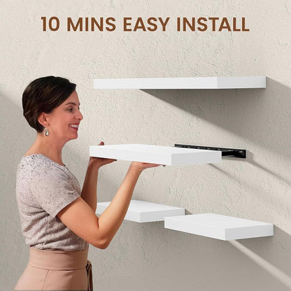 Heimlove Wooden Floating Shelves for Wall, White Pine Shelves Set of 2, 36 in Rustic Wood 8 Inch Deep Floating Shelf with Invisible Brackets for Bedroom Kitchen Living Room - Classic White