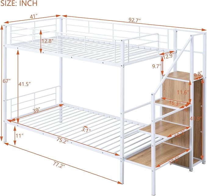 Bellemave Bunk Bed Twin Over Twin，Metal Bunk Bed with Storage Stairs and Wardrobe, Bunk beds for Adults/Kids/Teens, White