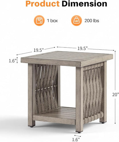 Outdoor Side Table, Aluminum Square Patio Side Table, 2-Tier Rope Weave Outdoor End Table with Adjustable Legs, Never-Rust Patio Table Outside Furniture for Garden, Pool, Beach, Deck, Gray Oak