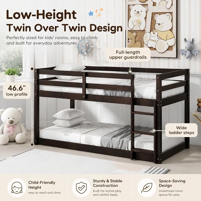 Twin Over Twin Bunk Bed, Low Profile Wooden Frame for Kids Bedroom, Floor Bunk with Ladder and Guardrails, Rubber Wood Construction, 13 Plywood Slats, No Box Spring Needed (Espresso)