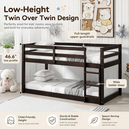 Twin Over Twin Bunk Bed, Low Profile Wooden Frame for Kids Bedroom, Floor Bunk with Ladder and Guardrails, Rubber Wood Construction, 13 Plywood Slats, No Box Spring Needed (Espresso)