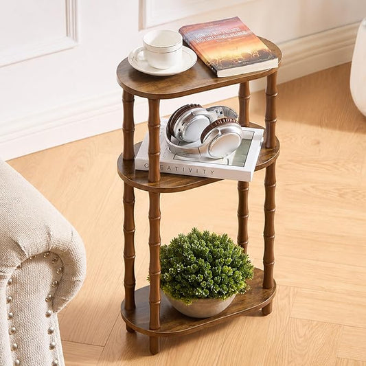 Narrow Side Table with Storage, 3-Tier End Table Skinny Nightstand for Bedroom, Living Room Small Space, Rustic Brown