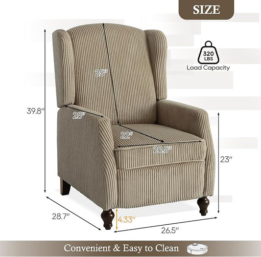 Upholstered Wingback Recliner Chair, Cozy Corduroy Manual Push Back Recliner for Living Room, Bedroom (1, Khaki)