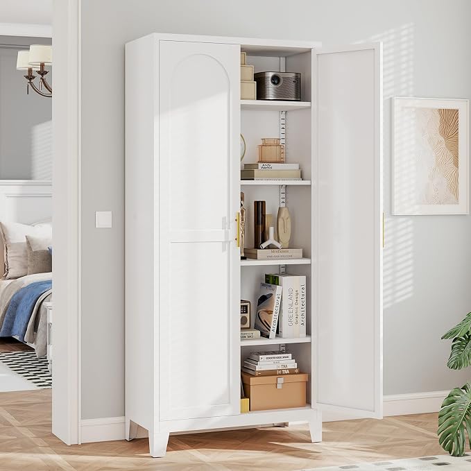 Zevemomo 71'' Tall Metal Pantry Cabinet with 2 Doors, Freestanding Kitchen Storage Cabinet with 4 Adjustable Shelves, Steel Cupboard for Kitchen, Pantry, Dining Room, Living Room, Bathroom, White