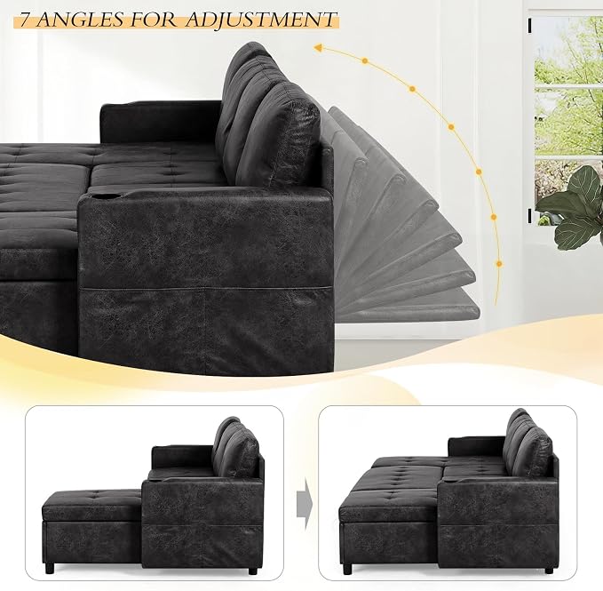 110 inches Suede Leather Sleeper Sofa w/Pull Out Bed, U-Shape Sectional Sofa Bed w/Adjustable Backrest and Storage Chaises, 4-Seats Upholstered Sofa Bed w/USB Port for Living Room, Black