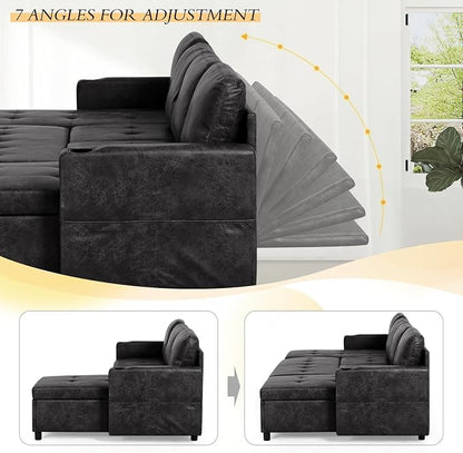 110 inches Suede Leather Sleeper Sofa w/Pull Out Bed, U-Shape Sectional Sofa Bed w/Adjustable Backrest and Storage Chaises, 4-Seats Upholstered Sofa Bed w/USB Port for Living Room, Black