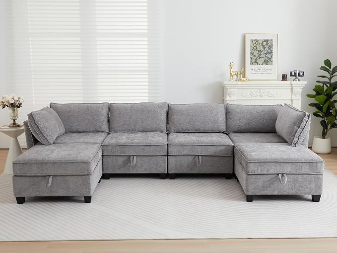 ORRD Oversize Modular Sectional Sofa Set, Convertible U Shaped Couch with Storage, 6 Seater Sofa Modular with Ottomans and Reversible Chaise for Living Room, Office (Grey)