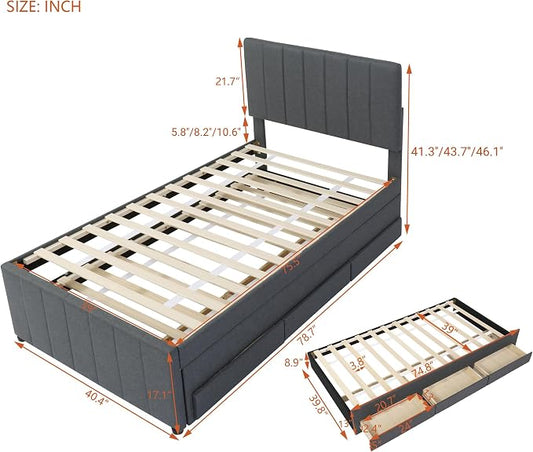 Twin Size Bed Frame with Trundle Bed and Storage Drawers,Linen Upholstered Bed Frame,Twin Size Trundle Bed with Adjustable Headboard,Upholstered Platform Bed Twin for Kids Teens Adults,Gray