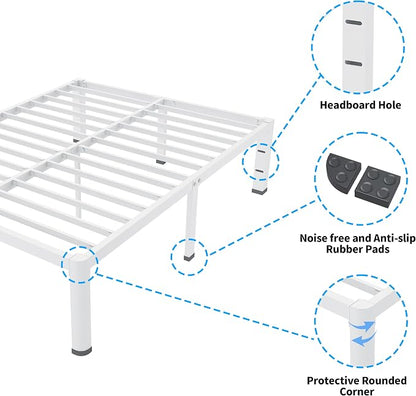 ROIL 18 Inch White Twin XL Bed Frame with Rounded Corner and Headboard Hole Mattress Retainers 3500LBS Heavy Duty Steel Slats No Box Spring Needed Platform Noise-Free Easy Assembly