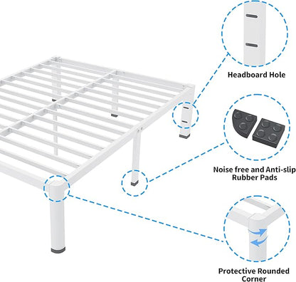 ROIL 18 Inch White Twin Size Bed Frame with Rounded Corner and Headboard Hole Mattress Retainers 3500LBS Heavy Duty Steel Slats No Box Spring Needed Platform Noise-Free Easy Assembly