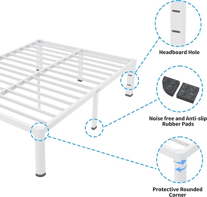 ROIL 18 Inch White California King Bed Frame with Rounded Corner and Headboard Hole Mattress Retainers 3500LBS Heavy Duty Steel Slats No Box Spring Needed Platform Noise-Free Easy Assembly